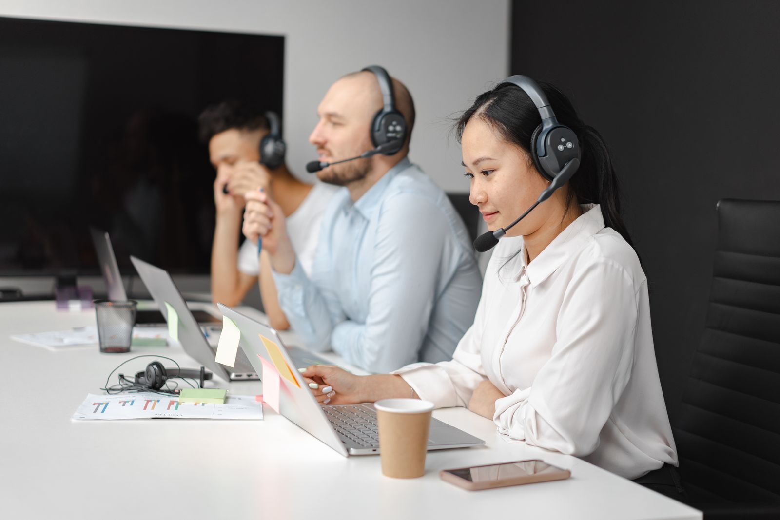 Customer service agents with headsets